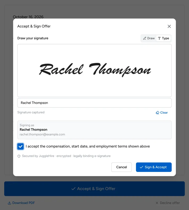 An offer letter with the e-signature box
